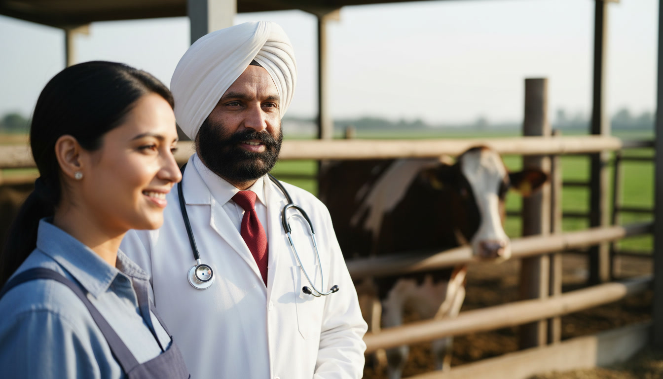 Veterinarian and farmer with cow at a farm