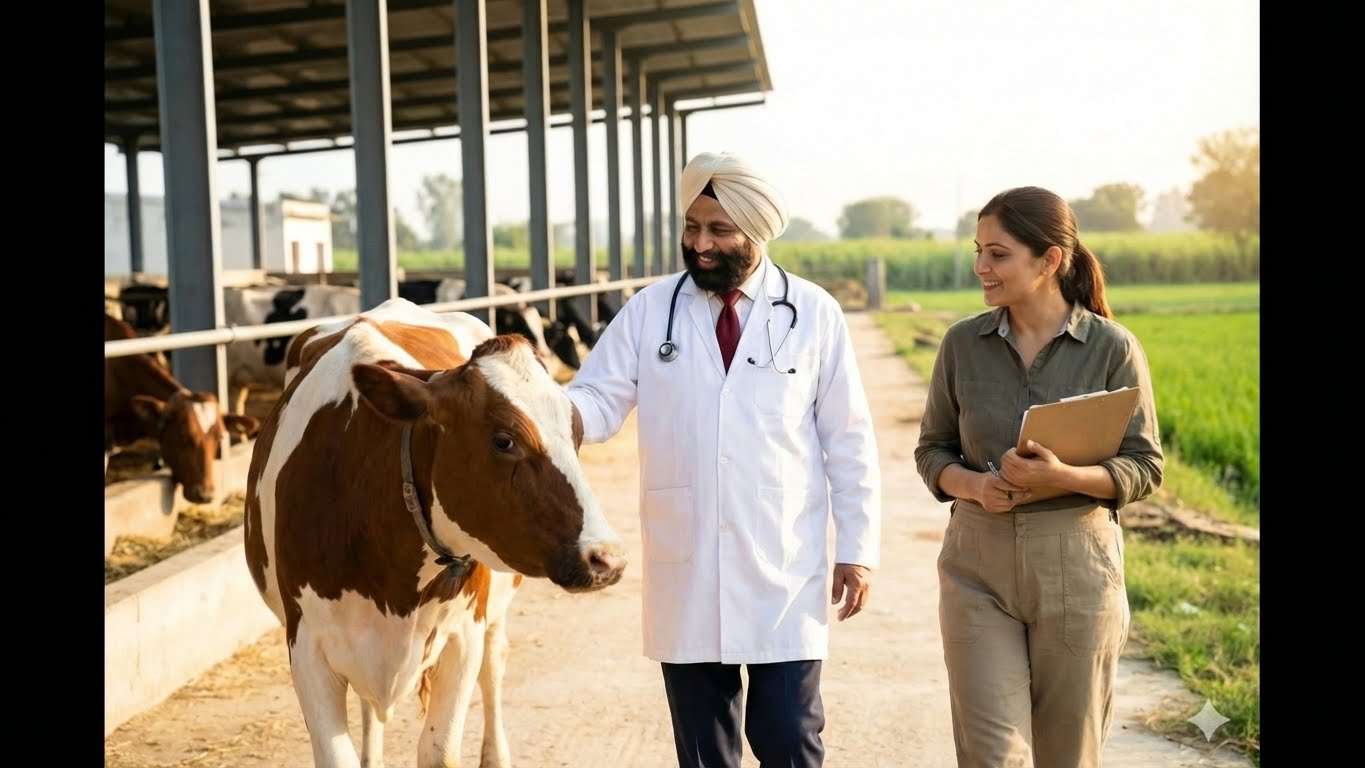 Veterinarian guiding cow with woman inside barn walkway