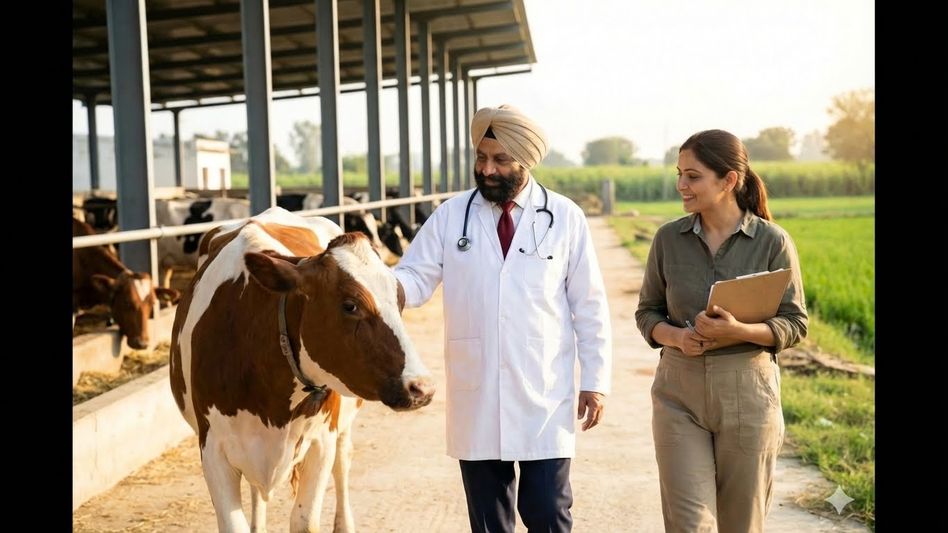 Veterinarian and cow with woman on walkway in barn